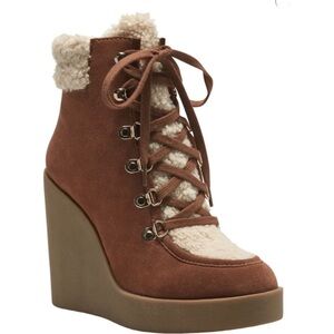 NEW Jessica Simpson Maelyn Wedge Bootie Brown Caramel Combo Leather Suede Sherpa